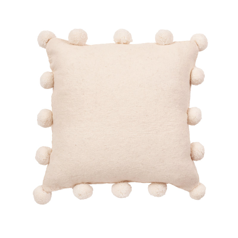 Hand Felted Wool Christmas Pillow Cover - Cream Pom Poms on Red - 20", Cream, Pillow (includes insert)