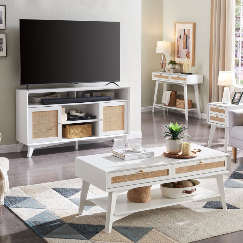 Linets Natural Rattan TV Stand,TV Console Table With Adjustable Shelves For TVs Up 75", White