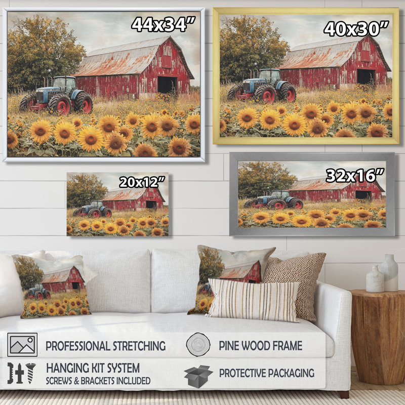 Divyne campagnard côté tournesols avec tracteur ferme III - ferme, art mural, H 34 po x l 44 po, Crème, crème