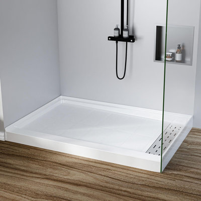 Shower Pan 48" x 32", Non-Slip Shower Base with Right Drain & 3-Sided Splash Guard, Includes 304 Stainless Steel Long Drain Cover & Drain Assembly for Bathroom Floor, White