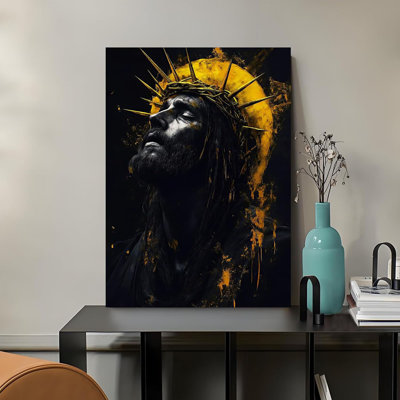 Art mural sur toile encadré, Jésus noir, couronne d'épines, images chrétiennes modernes, reproduction d'affiche or noir, peinture inspirante pour maison ou bureau, décoration 24 x 36 po