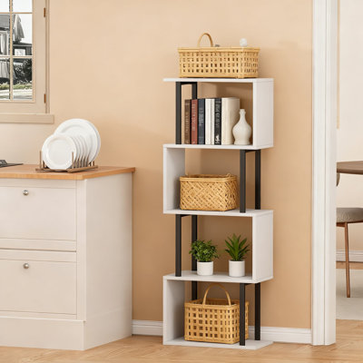 4-Tier S-Shaped Bookcase, Modern Geometric Bookshelf With Narrow Freestanding Design, Decorative Storage Shelving Unit For Living Room, Bedroom, And Home Office