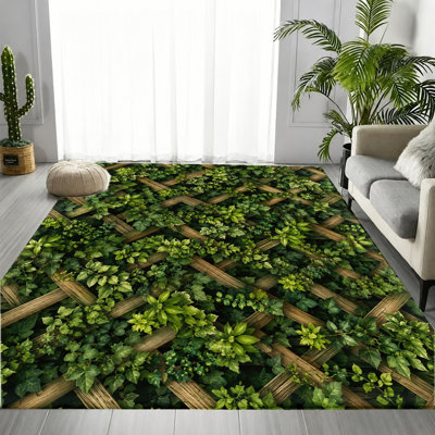 Tapis en treillis naturel à motif de treillis en bois naturel, imprimé de feuilles luxuriantes, tapis de sol intérieur lavable antidérapant, décoration pour salon, chambre à coucher, entrée, balcon, appartement