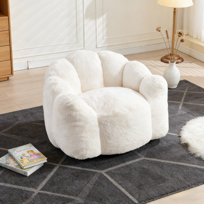Fauteuil à billes 43,7 po en velours côtelé blanc, anneau de traction pour un déplacement facile, sans assemblage