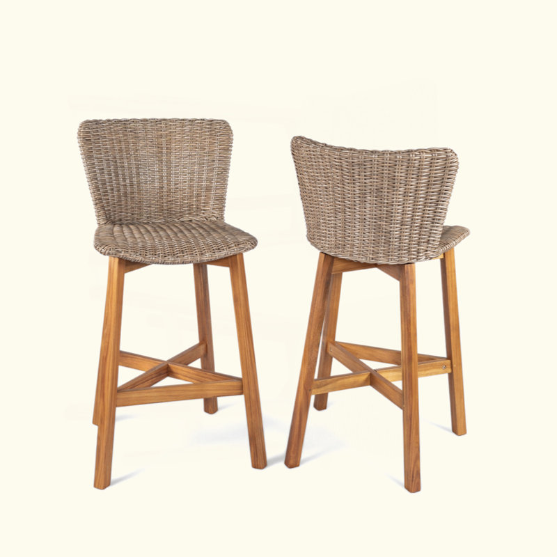 Tabouret de bar d'extérieur, bois de teck avec osier, ensemble de 2, Marron clair