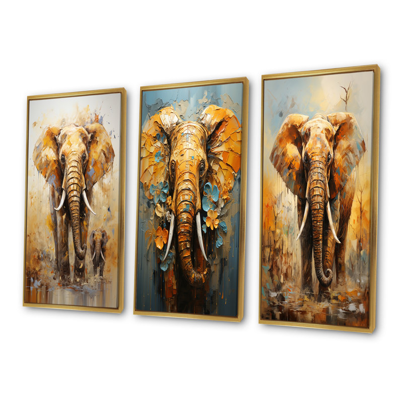 Éléphant, force symbolique, rêves - Éléphant, ensemble d'art mural sur toile, ensemble de 4, Cadre flottant doré