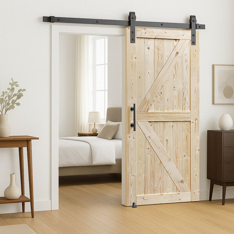 S&Z TOPHAND Unfinished British Brace Knotty Barn Door with Sliding Door Hardware Kit/Solid Wood/Sliding Door/Double Surfaces/A Simple Assembly is Required