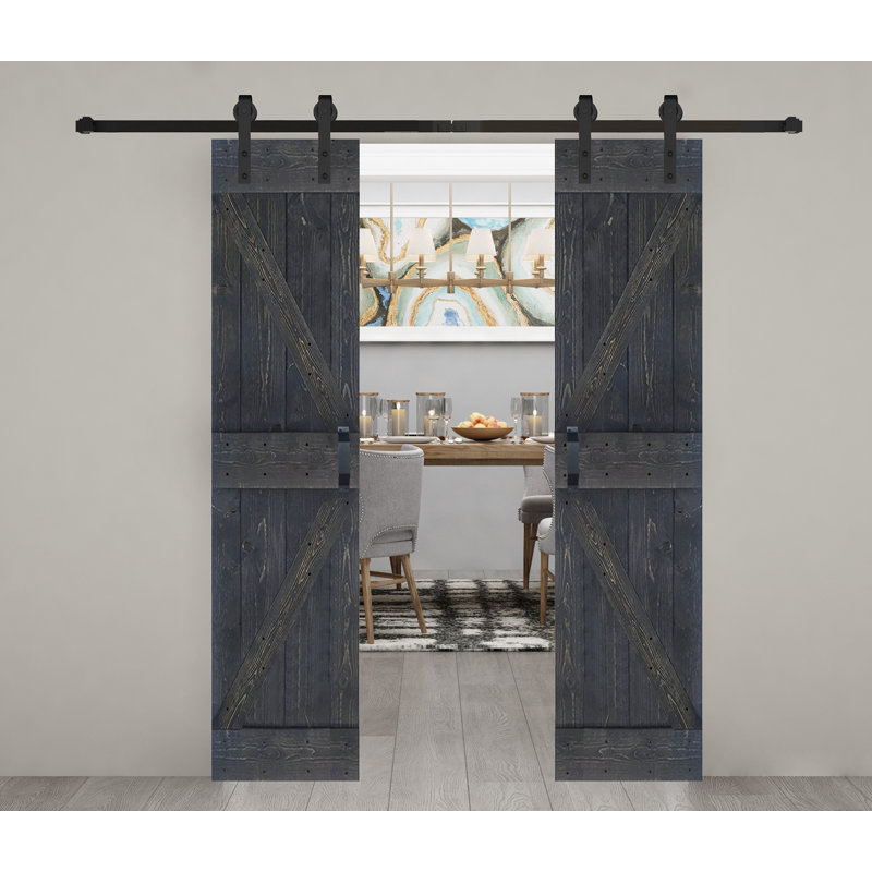 Porte de grange coulissante double en bois massif de style K avec ensemble de quincaillerie - Assemblage requis, Gris carbone