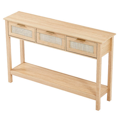 Rattan Console Table With 3 Storage Drawers, Rattan Entryway Table With Natural Rattan Sliding Door, Console Sofa Table For Living Room, Study, Entryway Or TV Wall