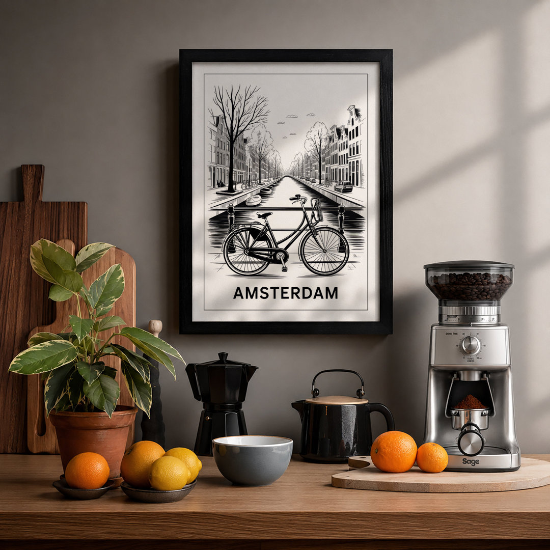 Bicycle on Amsterdam Canal Minimalist - Framed Print