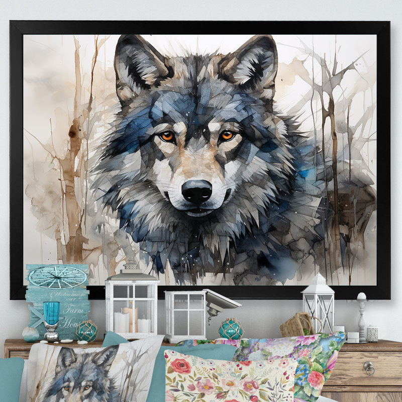 Minimalisme bleu et gris, expression du loup sur toile - loup, H 34 po x l 44 po x P 1,5 po, Cadre simple noir