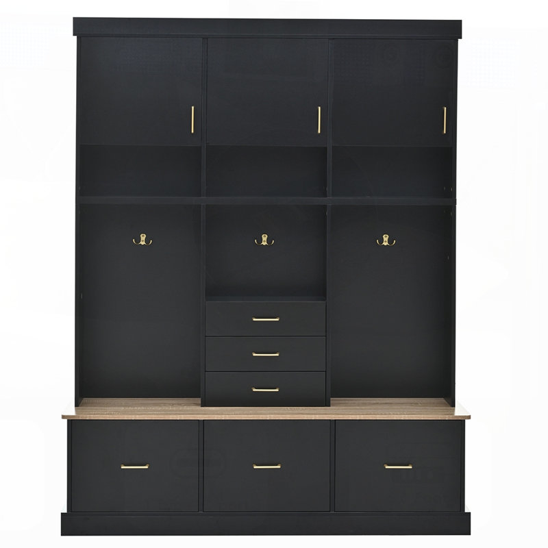 75'' H 5-in-1 Modern Hall Tree with Coat Rack, 6 Drawers, 3 Cabinets and 3-Tier Top Storage for Hallway, Entryway, Living Room, Mudroom