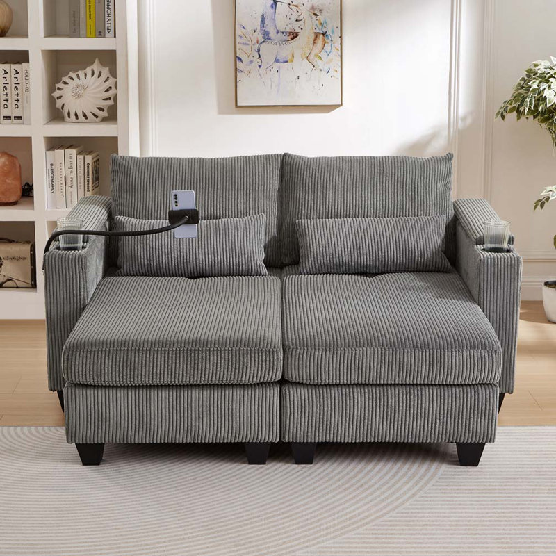 Canapé-lit convertible en Corduroy avec ports USB et deux porte-gobelets, Gris