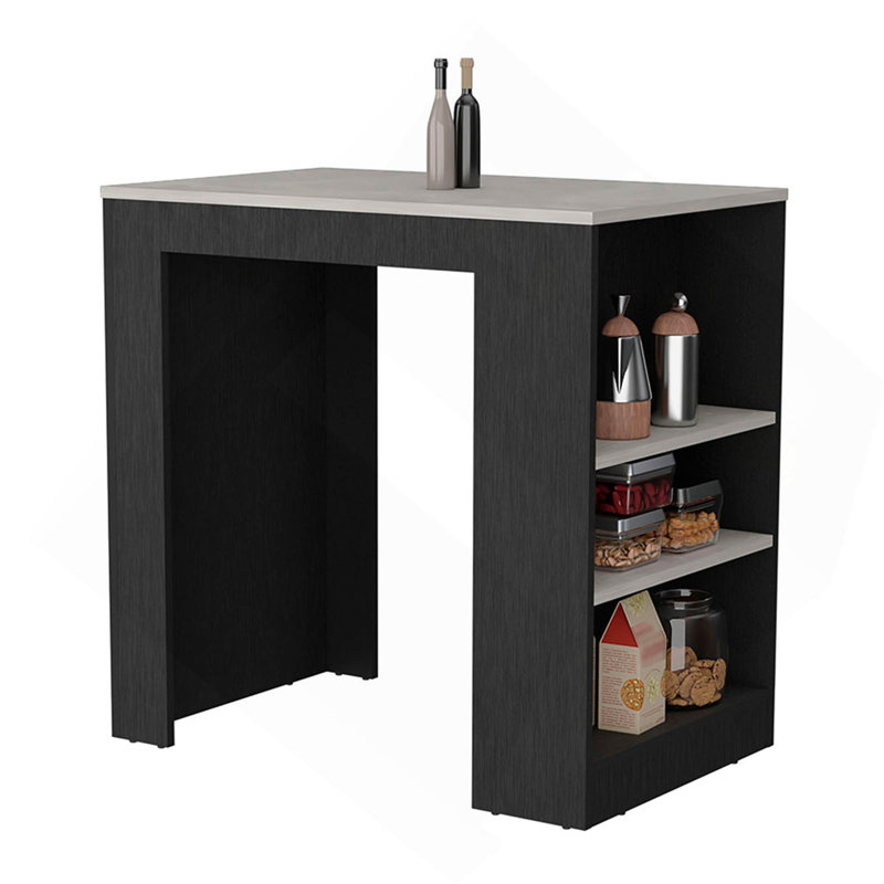 Îlot de cuisine avec 3 tablettes latérales Portree, Blanc/Noir