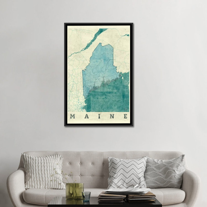 " Maine Map " by Hubert Roguski, 26" H x 18" W x 1.5" D, Black Framed Canvas, No Mat