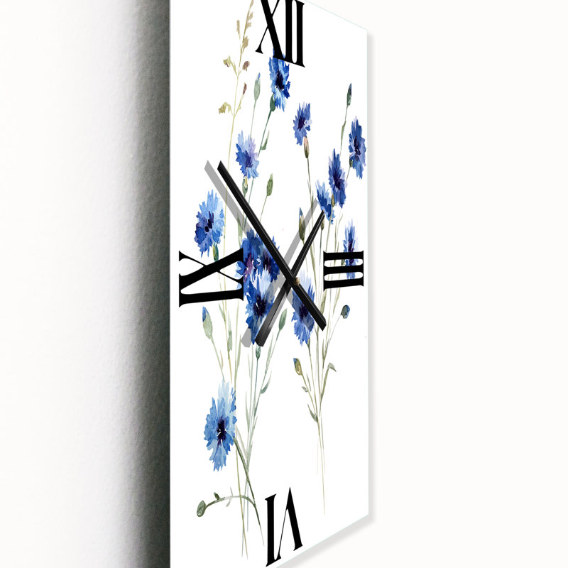 Bleu bleuet avec feuilles vertes III - Horloge murale traditionnelle, Petit