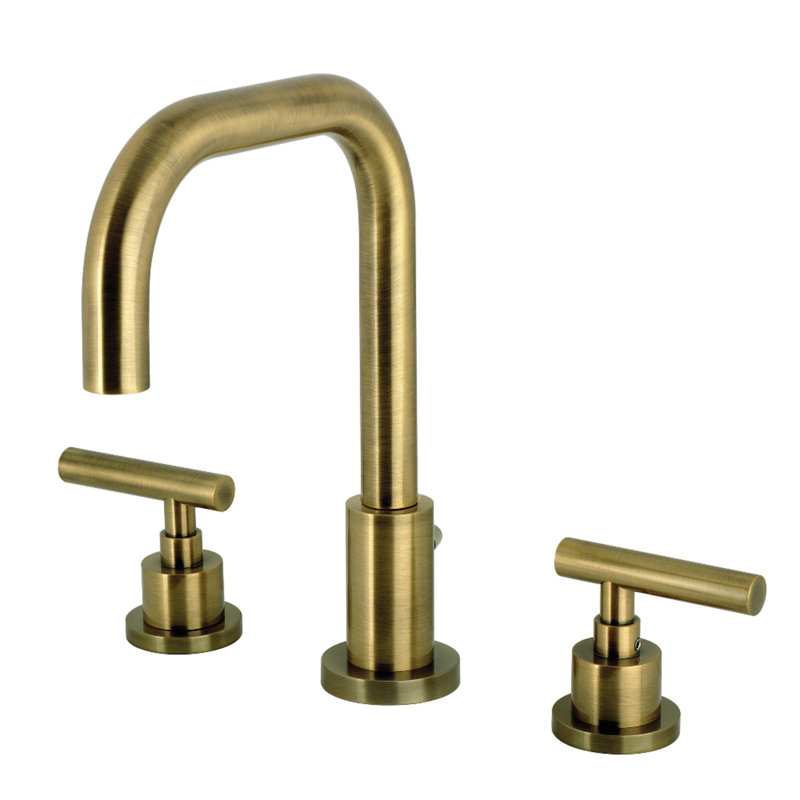 Kingston Brass Manhattan Two-Handle 3-Hole Deck Mount Widespread Bathroom Faucet with Brass Pop-Up Drain, Antique Brass