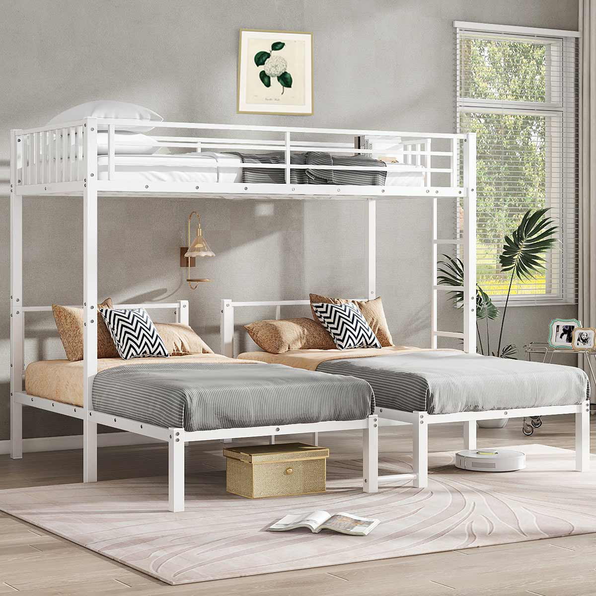 TOLOYE Twin Over Twin & Twin Bunk Beds For 3, Metal Triple Bunk Bed ...