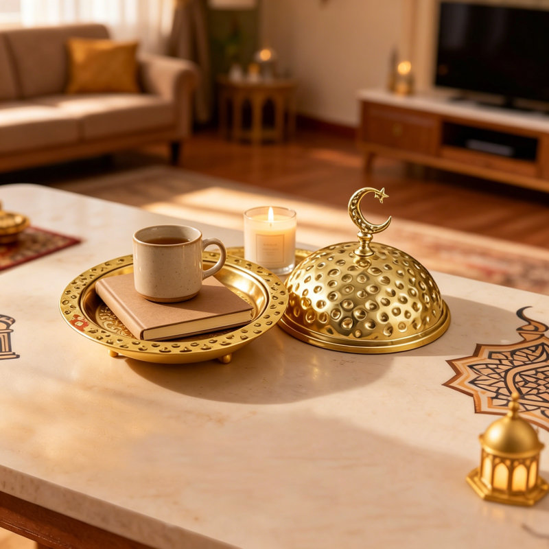 Ramadan Serving Tray With Lid, Crescent Moon And Star Design Decorative Date Holder, Eid Mubarak Table Centerpiece For Home Decor And Islamic Gift