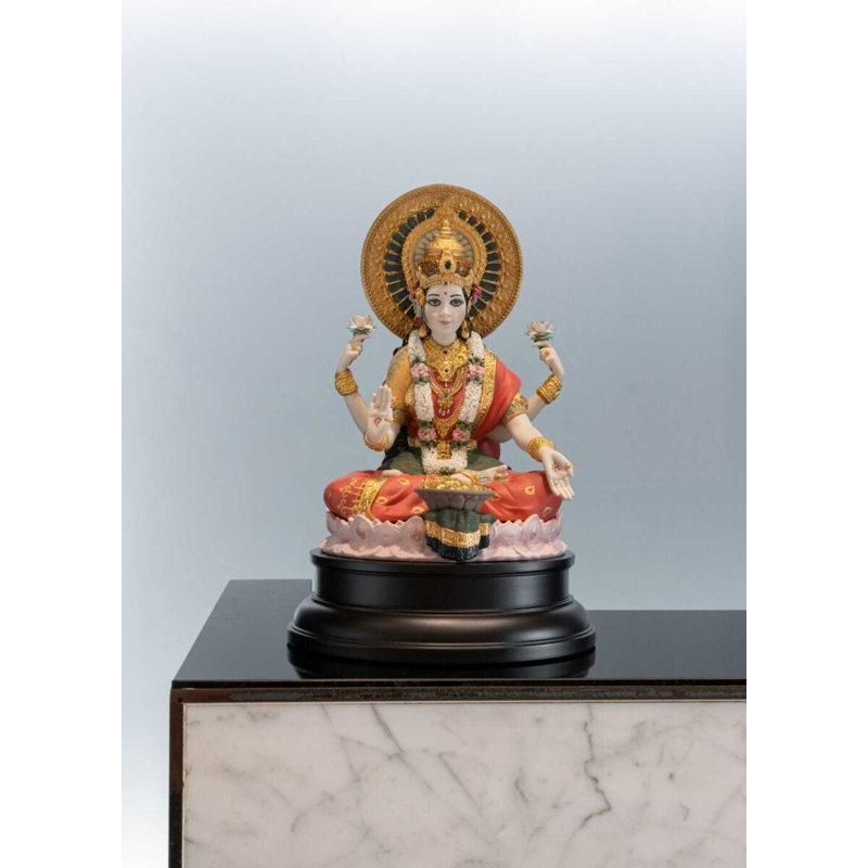 Handmade Porcelain Goddess Lakshmi Sculpture with Golden Accents