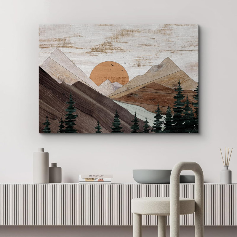 «Western Wood Effect Landscape Rustic Brown Mountain Trees Nature Abstract Farmhouse Wall Decor Room», reproduction d'art sur toile
