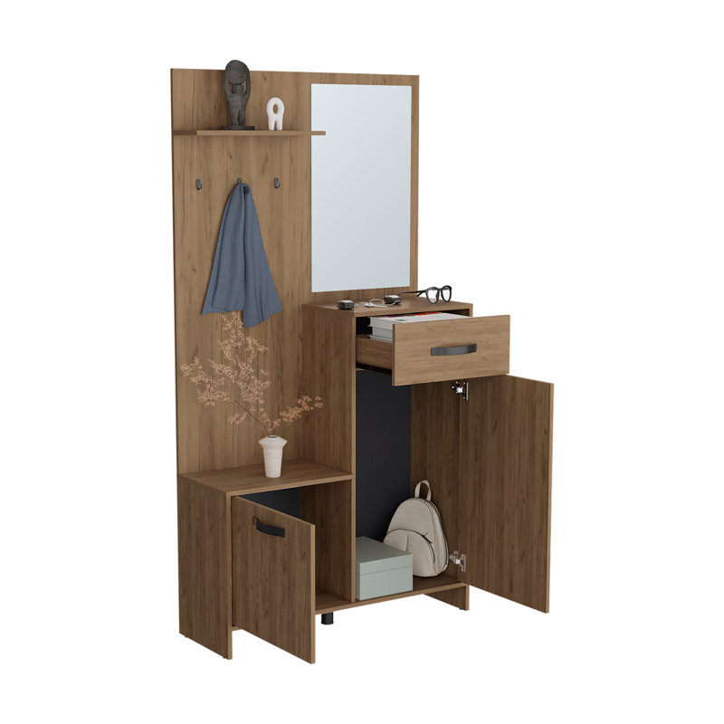 Parker 75" Tall Mirrored Tree Hall with Hangers, Three Shelves, Two Cabinets, One Drawer, Entry way, Console Table, Living Room Light Oak