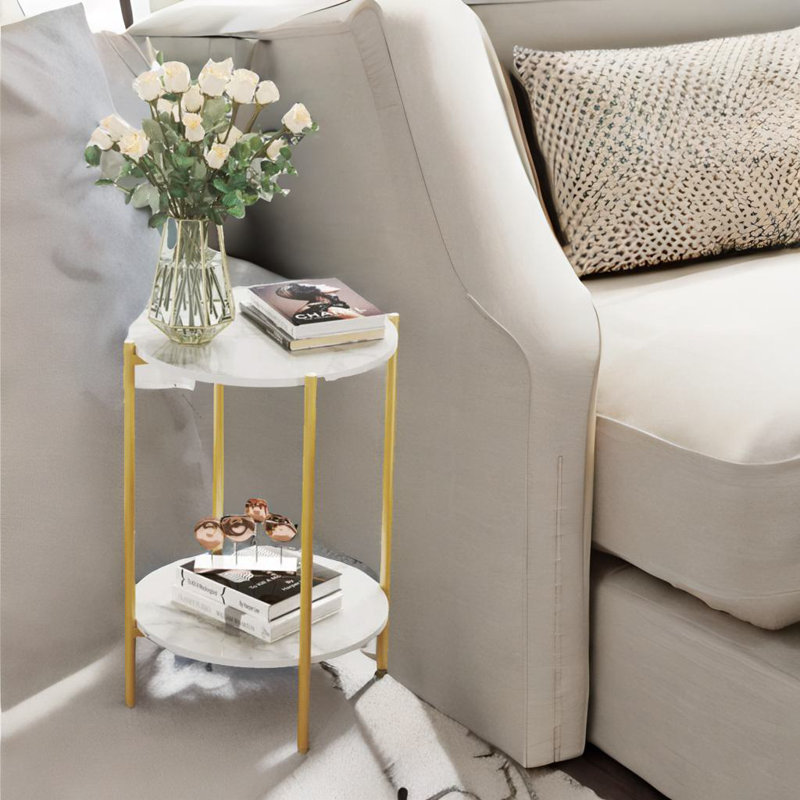 Atay 2 Tier Round Faux Marble Side Table With Metal Legs