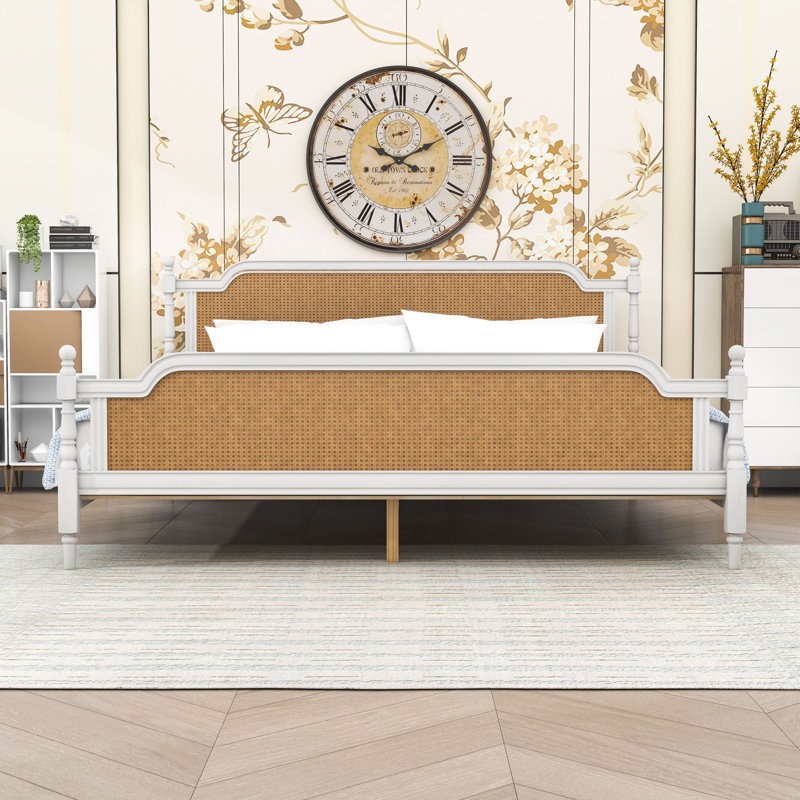 Base de lit plateforme en bois avec tête de lit, Blanc antique, Très grand