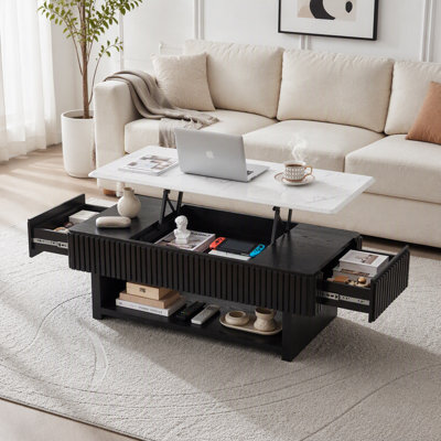 Table basse à plateau relevable rectangulaire de 46,5 po avec tiroir et rangement caché, table cannelée moderne avec plateau en marbre blanc et bandes en bois massif, table centrale multifonctionnelle pour les petits espaces, salon