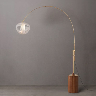 Tambo Arc Lamp - Weathered Brass Steel Body, Sphere White Satin Steel Shade, Steel Wood Base, Dimmable, Modern Design, Floor Foot Slide Dimmer