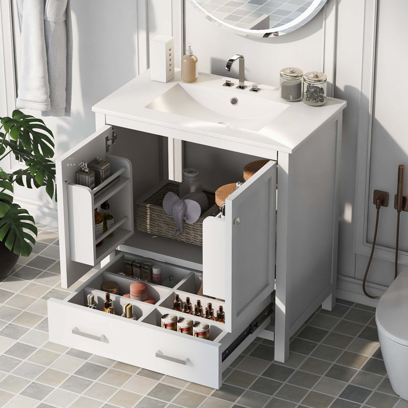 Meuble-lavabo avec lavabo simple, 2 portes à fermeture douce et 1 tiroir, Blanc