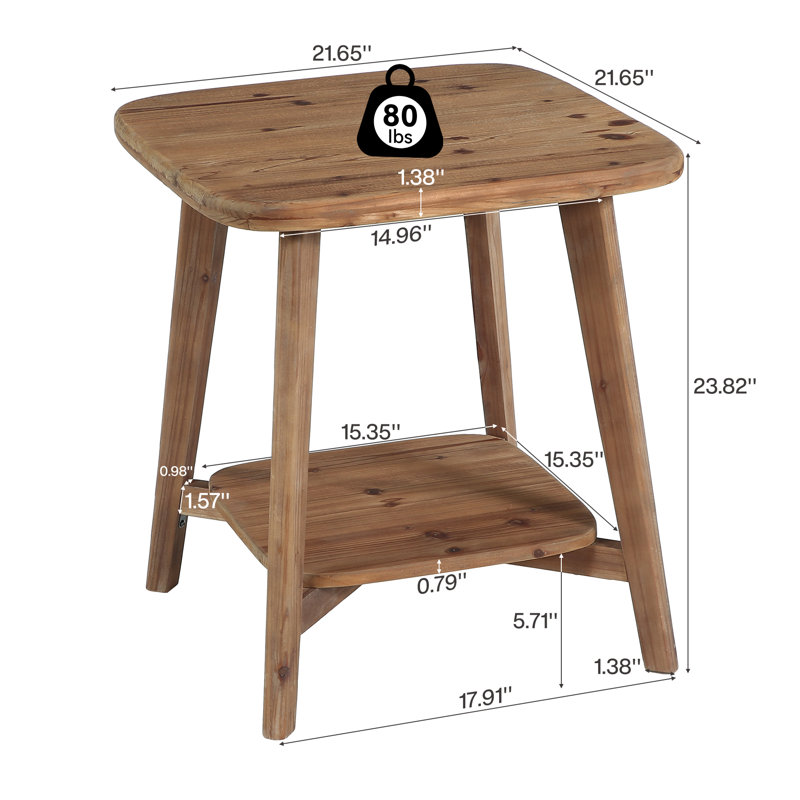 Table d'appoint carrée en bois massif à 2 niveaux de style champêtre avec rangement, petite table de chevet pour salon ou chambre.