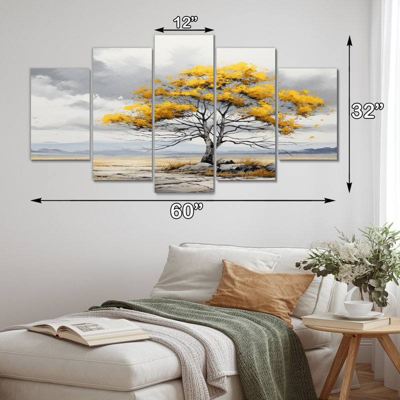 «Yellow Tree Silent Whispers Landscape», décoration murale florale, 5 panneaux