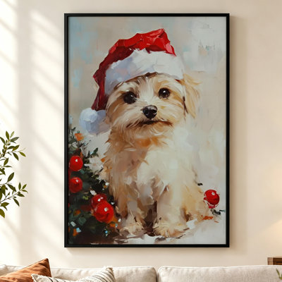 Tableau sur toile encadrée avec un chiot portant un bonnet de père Noël, cadre flottant noir, impression sur toile, thème des fêtes, 61 cm (H) x 41 cm (L)