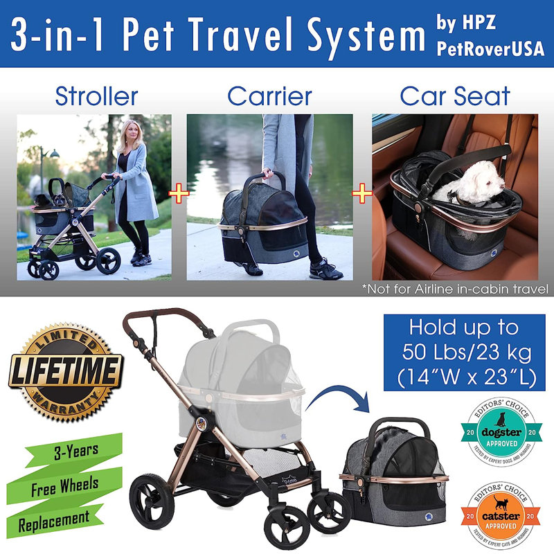 Gray Aluminum 3-in-1 Pet Stroller with Detachable Carrier