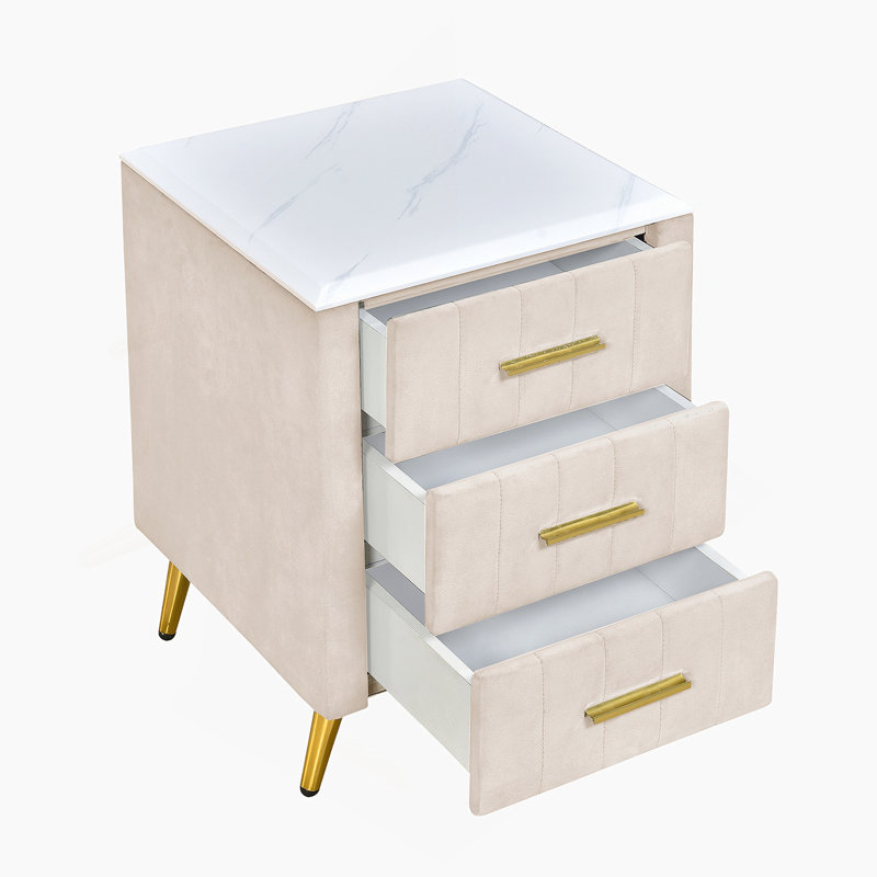 Table de chevet rembourrée en bois avec 3 tiroirs et pieds et poignées en métal, table de chevet
