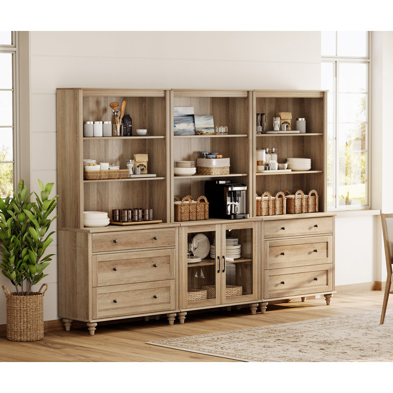 Dalontae Sideboard Cabinet With Bar Hutch, Buffet Cabinet With 2 Glass Doors, 6 Drawers And 3 Tier Shelves, 101'', Oak