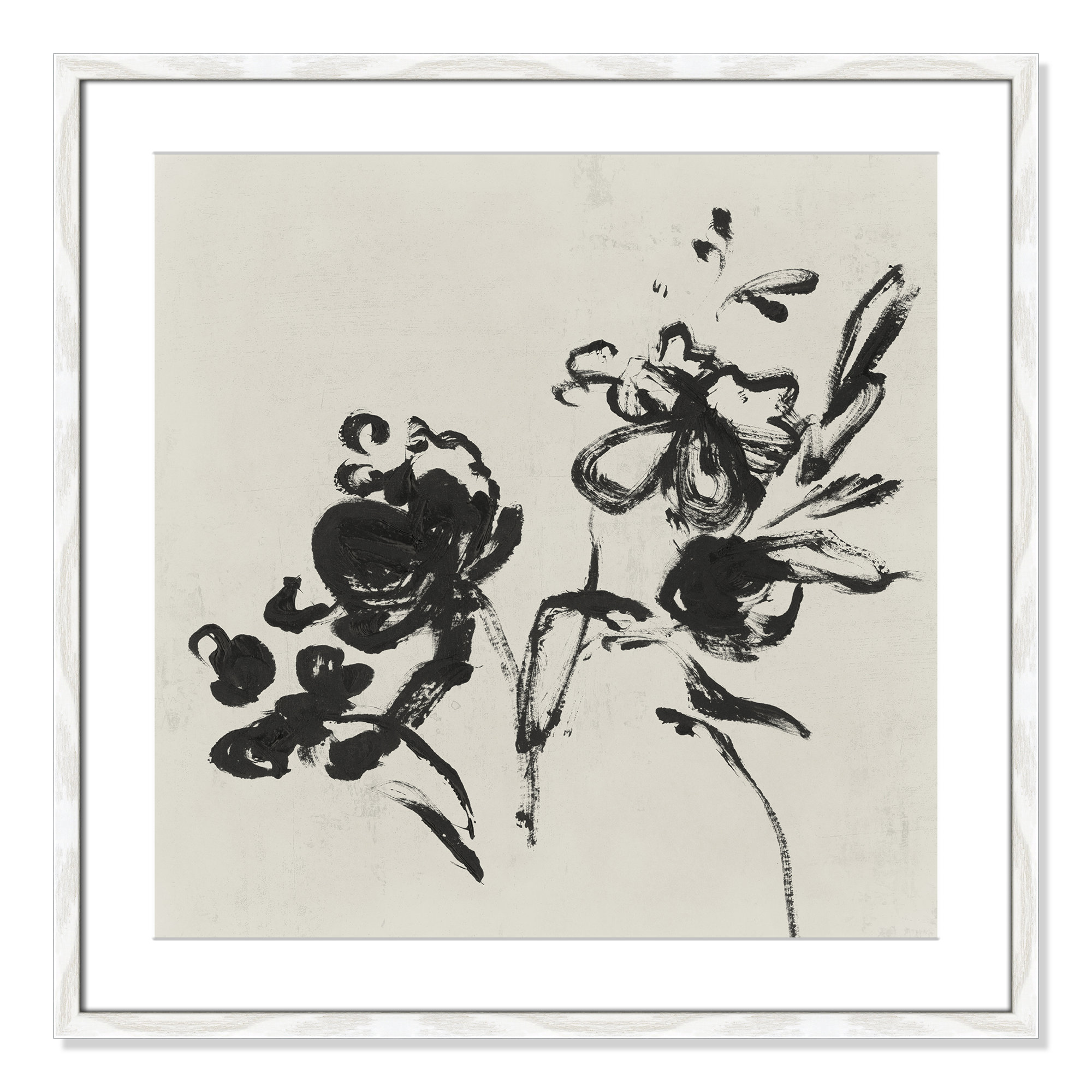Black Florals I by Isabelle Z - Picture Frame Painting, White Wood Grain, 27.5" H x 27.5" W 