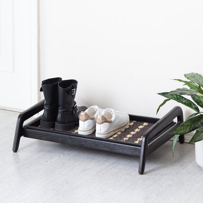Support à bottes en bois massif de qualité supérieure avec tapis en fibre de coco naturelle - Rangement pour chaussures, Noir