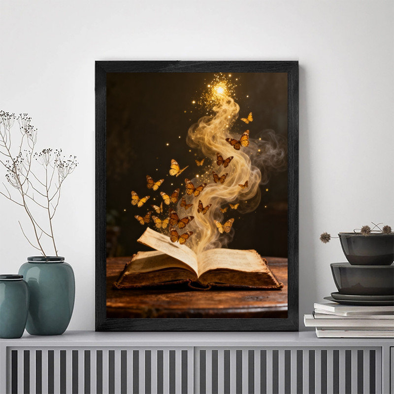 Reproduction d'art encadré noir avec papillon doré et livre mystique, H 11 po x l 9 po