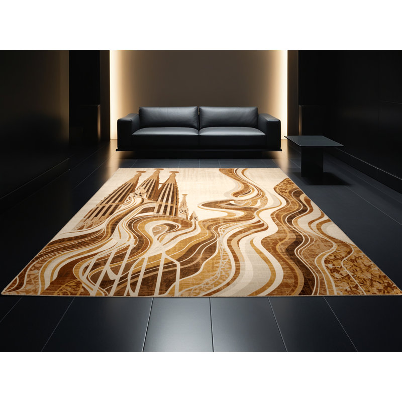 Machine Washable Pelico Barcelona Sagrada Familia Modern & Contemporary Abstract Rug in Beige – Beige Binding, 4x6