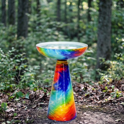 Bain d'oiseaux extérieur en verre sur piédestal de 42 cm de haut, arc-en-ciel
