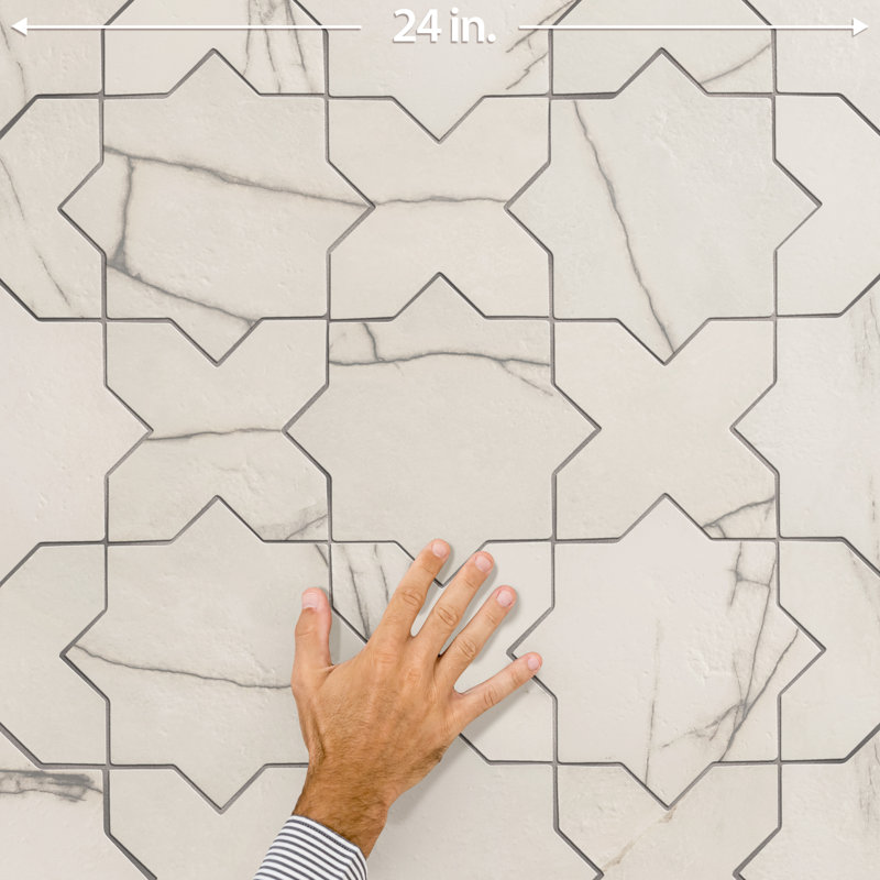 Istanbul Star with Cross 6 In. X 12 In. Porcelain Floor And Wall Tile Kit, White/Gray