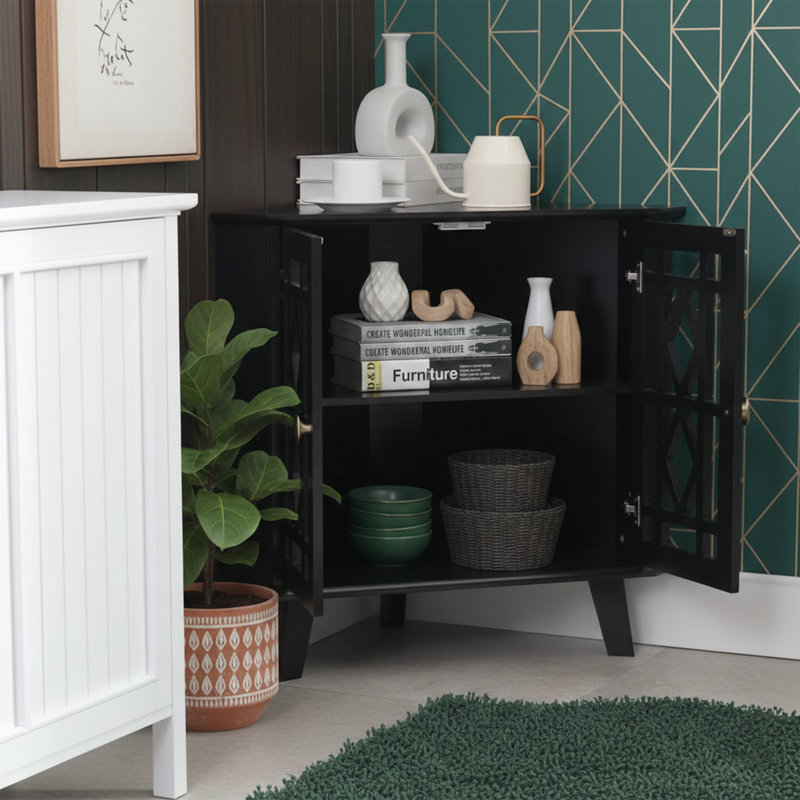 Armoire de rangement d'angle de 32 po de large avec 2 portes sculptées et tablette réglable - noir, Noir