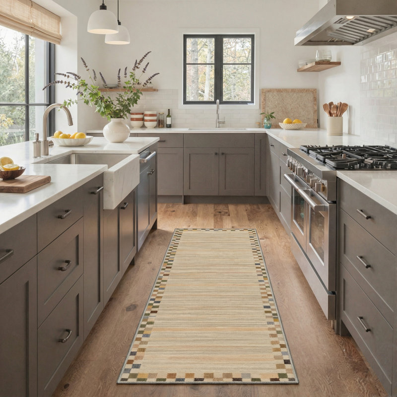 Modern Checkered Stripes Machine Washable Ivory Indoor Area Rug With Non-Slip Backing, Runner 2' x 7'