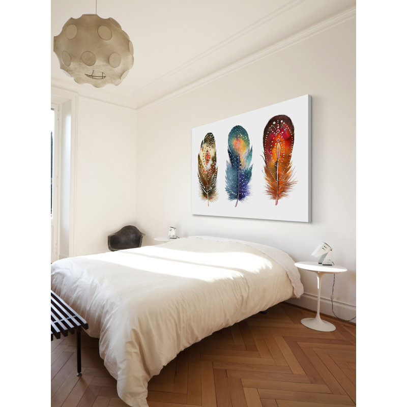 Ensemble de plumes colorées Boho - Impression sur toile, H 12 po x l 20 po x p 1 po, Cadre blanc