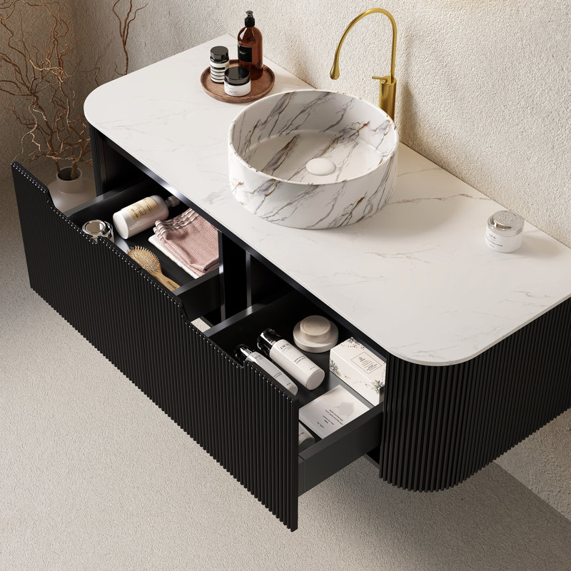 Meuble-lavabo 48 po, lavabo blanc, motif de pierre, rayures noires 3D, tiroir, configuration de mouvement de tiroir silencieux
