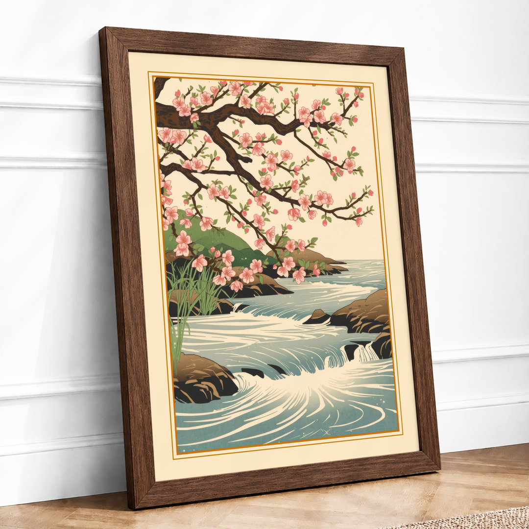 Cherry Blossom and Stream Japandi - Framed Print
