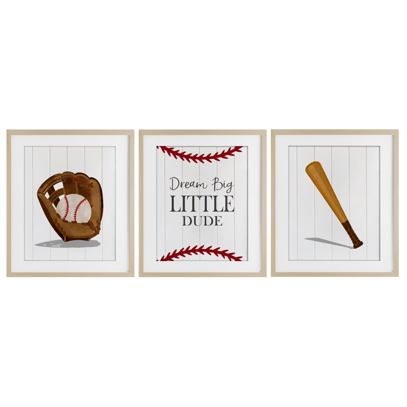 «Get Your Baseball Game On», ensemble de 3 pièces encadrées sous verre, design par Christine Simpson Art, H 16 po x l 13 po