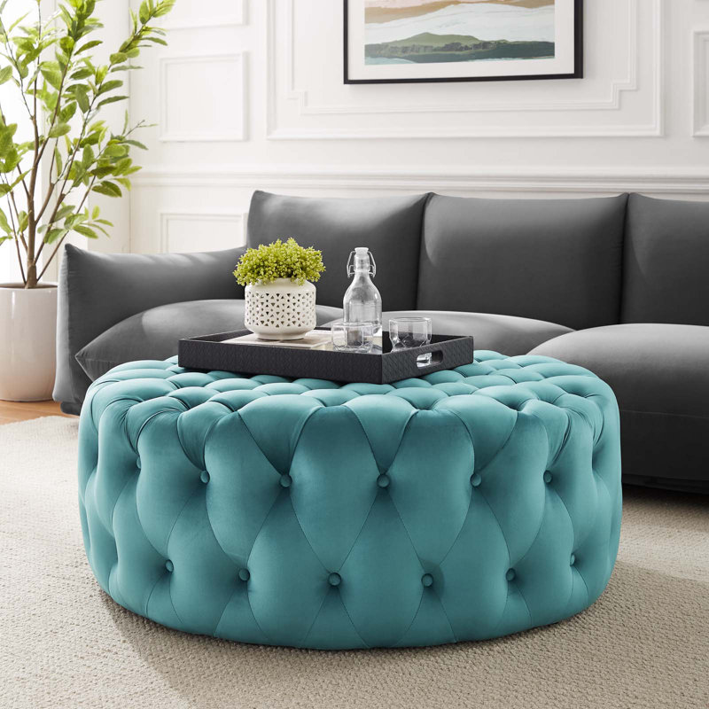 Amour Sea Blue Velvet Tufted Round Ottoman, 40"